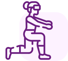 A New Approach to Fitness A purple line drawing of a person doing squats.