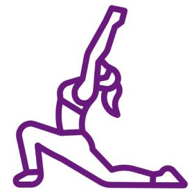 i2 Purple yoga pose silhouette on black background.